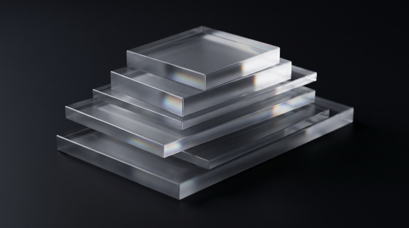 Stacked translucent glass slabs with glowing prismatic edges, representing document libraries and sites