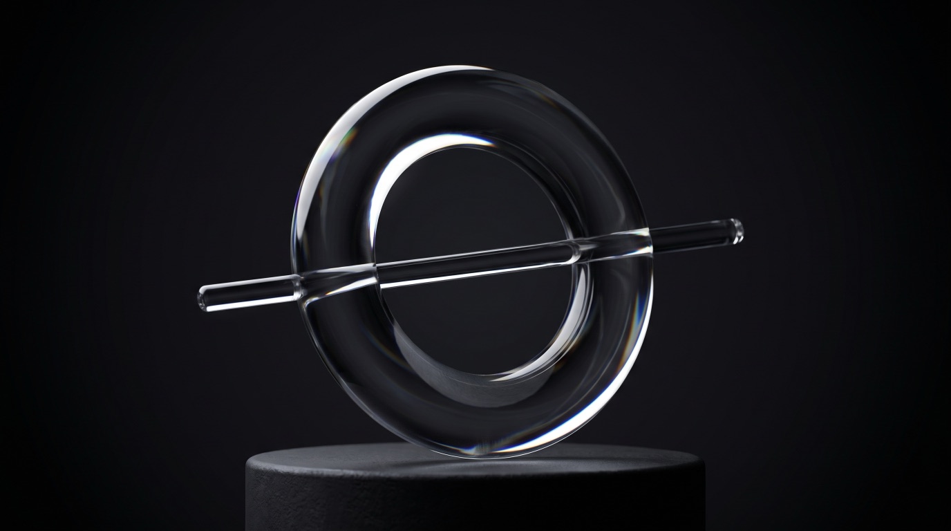Polished glass ring threaded by a thin rod in close-up, representing identity and the moment of cutover