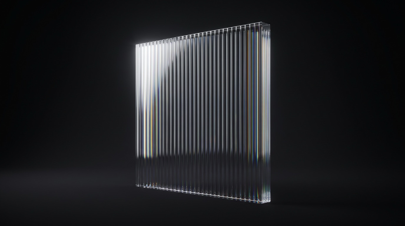Wall of fluted glass refracting bright prismatic light, representing mailbox data in transit
